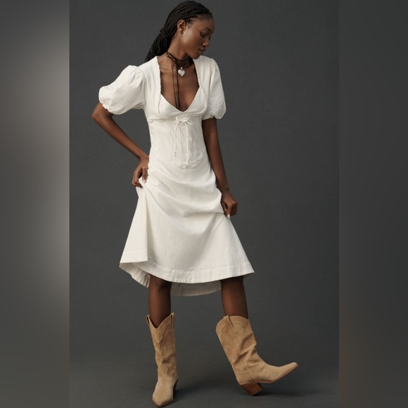 Anthropologie Dresses & Skirts - Anthropologie Puff-Sleeve Corset Linen Midi Dress, LARGE NWT